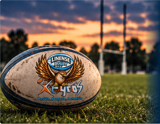 Balón del Linense Rugby Club sobre el césped al atardecer