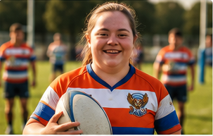 Jugadora del equipo inclusivo del Linense Rugby Club sonriendo con el balón