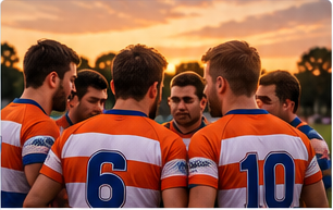 Equipo senior del Linense Rugby Club reunido en el campo al atardecer